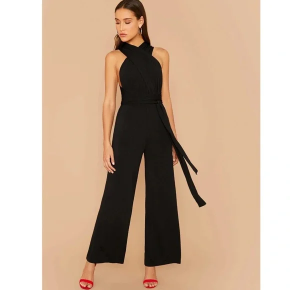 Multi Way Wrap Tie Top Black Elegant Jumpsuit Wide Long Leg Backless - Picture 4 of 16